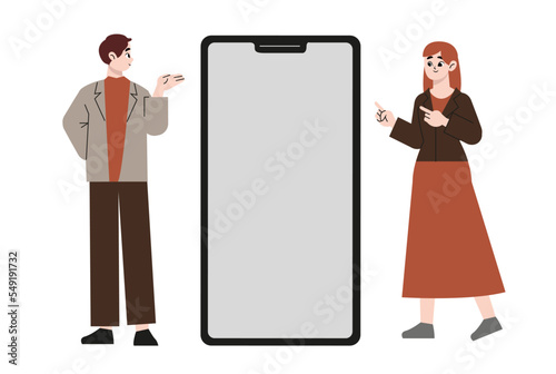 People with smartphones, empty screen advertisement mobile phone, mobile app.