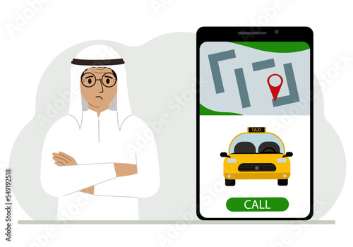 A man next to a large smartphone on the screen which has a taxi and geolocation. The concept of a mobile taxi application or ordering a taxi online.