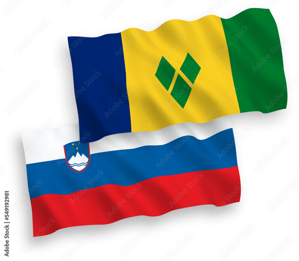 Fototapeta premium National vector fabric wave flags of Slovenia and Saint Vincent and the Grenadines isolated on white background. 1 to 2 proportion.