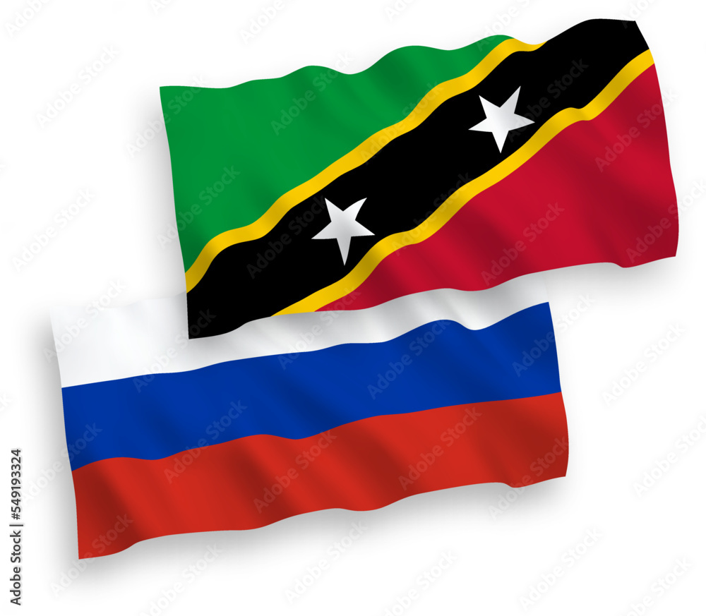 Fototapeta premium National vector fabric wave flags of Federation of Saint Christopher and Nevis and Russia isolated on white background. 1 to 2 proportion.