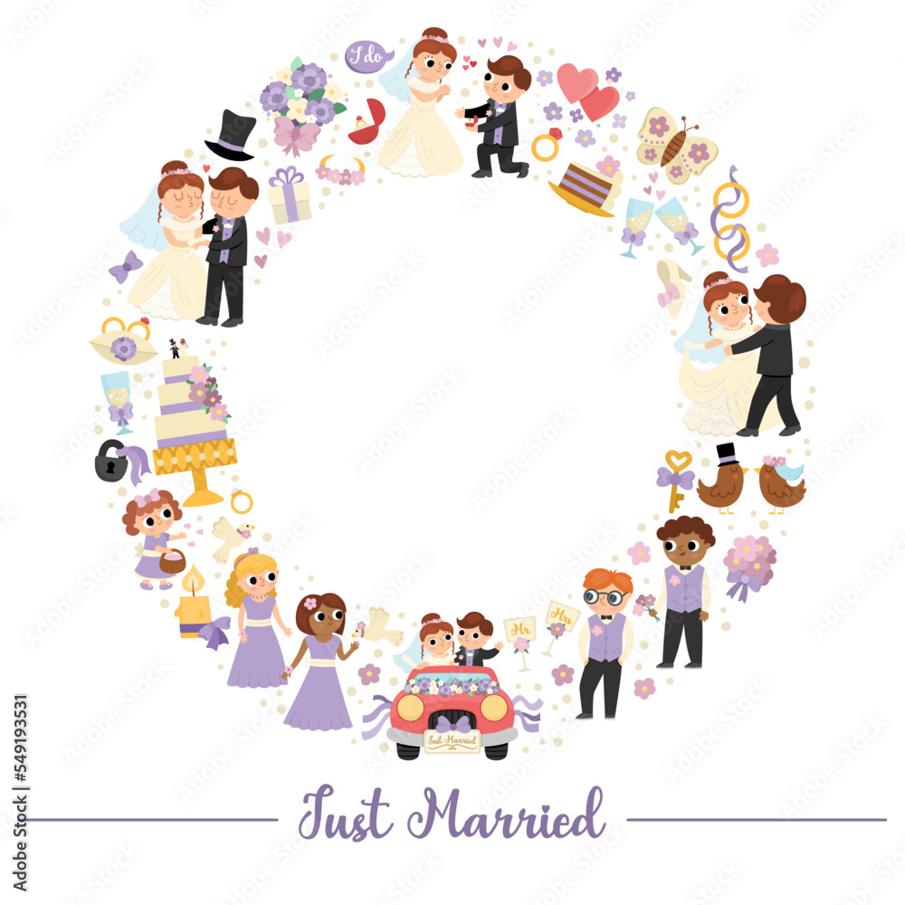 Vector wedding round frame with just married couple. Marriage ceremony wreath for banners, invitations. Cute matrimonial illustration with bride, groom, bridesmaids, bridegroom, cake, rings. Vector wedding round frame with just married couple. Marriage ceremony wreath for banners, invitations. Cute matrimonial illustration with bride, groom, bridesmaids, bridegroom, cake, rings.