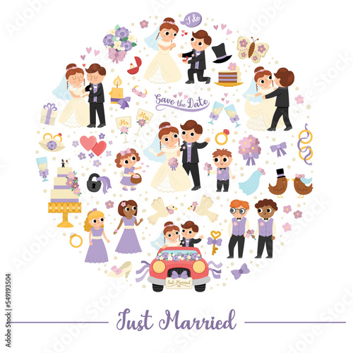 Vector wedding round frame with just married couple. Marriage ceremony card template for banners, invitations. Cute matrimonial illustration with bride, groom, bridesmaids, bridegroom, cake, rings.