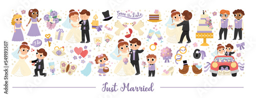 Vector wedding horizontal set with just married couple. Marriage ceremony card template for banners, invitations. Cute matrimonial illustration with bride, groom, bridesmaids, bridegroom, cake, rings.