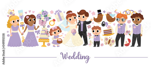 Vector wedding horizontal border set with just married couple. Marriage ceremony card template design with holiday characters. Cute matrimonial border with bride, groom, bridesmaids.