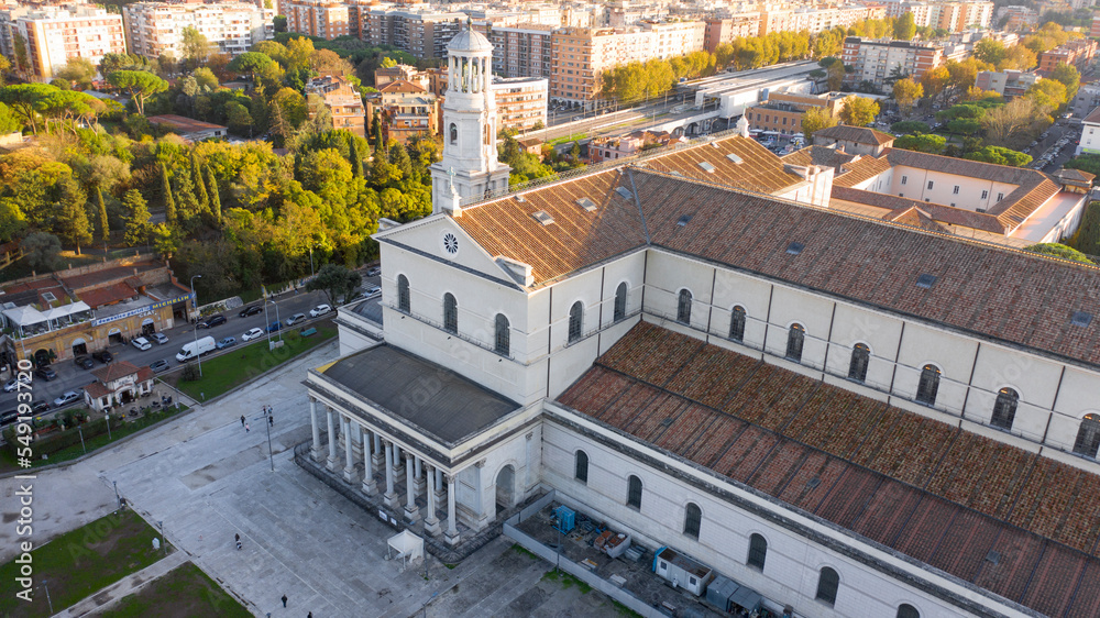 Aerial view of the papal basilica of San Paolo outside the walls in Rome, Italy. The building is one of the four papal basilicas of Rome