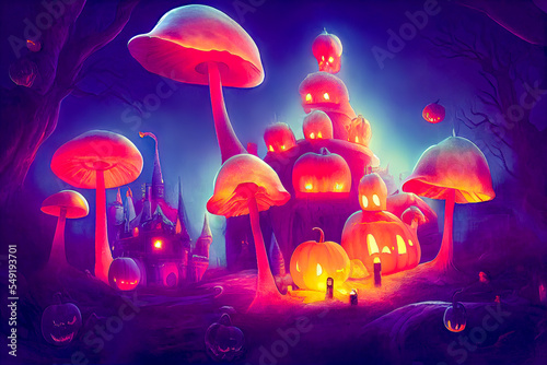 Magic fairy tale castle with mushrooms and pumpkins