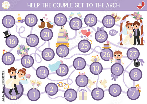 Wedding dice board game for children with cute just married couple, bride, groom, bridegroom. Marriage ceremony boardgame.  Matrimonial printable activity. Help the couple get to the arch