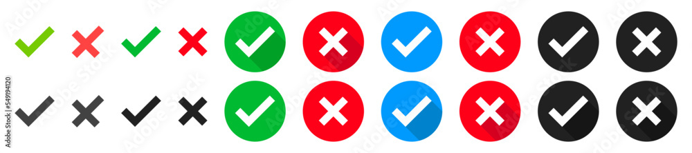 Check mark and cross icon. Green tick and red cross sign symbol. Test question. Positive Negative sign. Vector illustration. Check mark and cross icon. Green tick and red cross sign symbol. Test question. Positive Negative sign. Vector illustration.