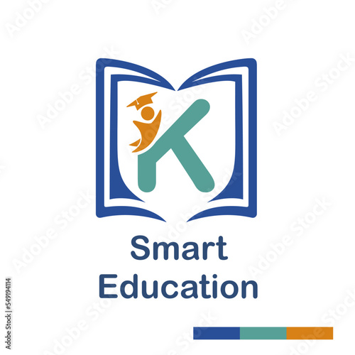 Initial K Letter with book and student symbol character for school, education, trainer center business logo template vector