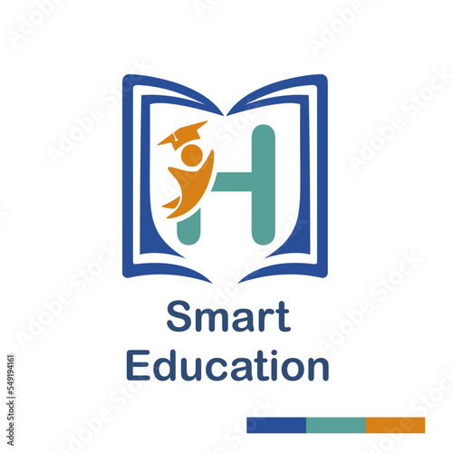 Initial H Letter with book and student symbol character for school, education, trainer center business logo template vector