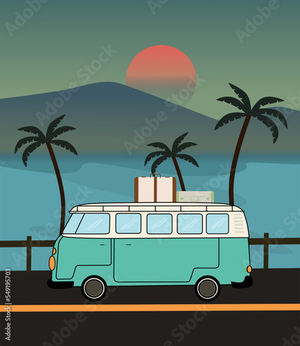 Tourist van with evening beach