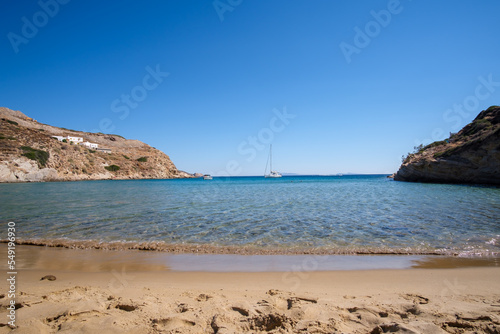 Panoramic view of the stunning turquoise sandy beach of Kolitsani in Ios Cyclades Greece
