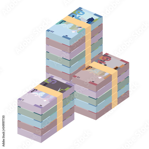 Kuwaiti Dinar Vector Illustration. Kuwait money set bundle banknotes. Paper money 1, 5, 10, 20 KWD. Flat style. Isolated on white background. Simple minimal design.