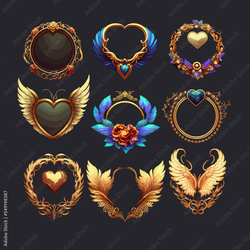 Empty rectangle, round frames border with leaves and gems in medieval style for game ui design. Collection of fantasy game elements  isolated on background. Vector illustration - obrazy, fototapety, plakaty 
