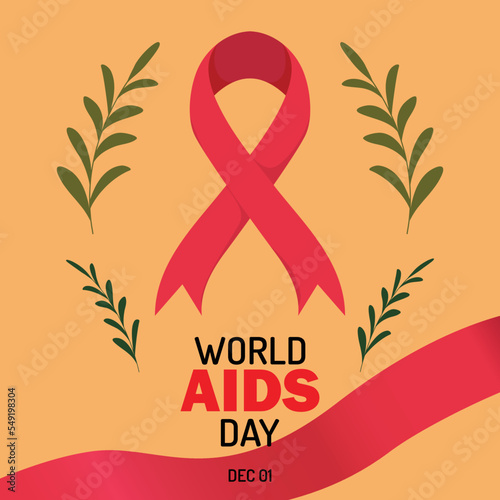 world aids hiv day december. red ribbon with leaves in orang background vector illustration EPS10