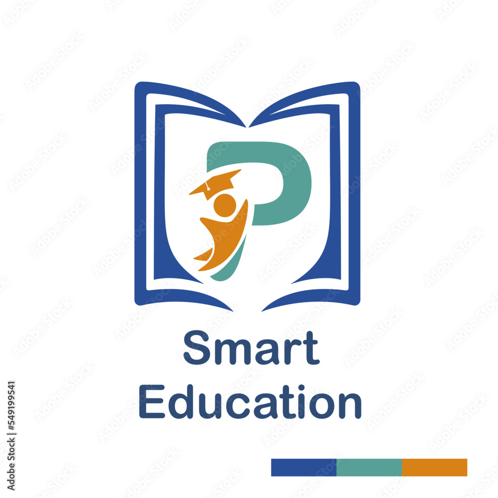 Initial P Letter with book and student symbol character for school, education, trainer center business logo template vector