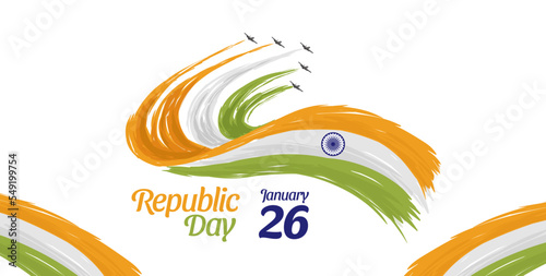 India Republic Day Banner With Jet Plane Smoke Shaping India Flag Color Hand Drawn Style Brush Strokes