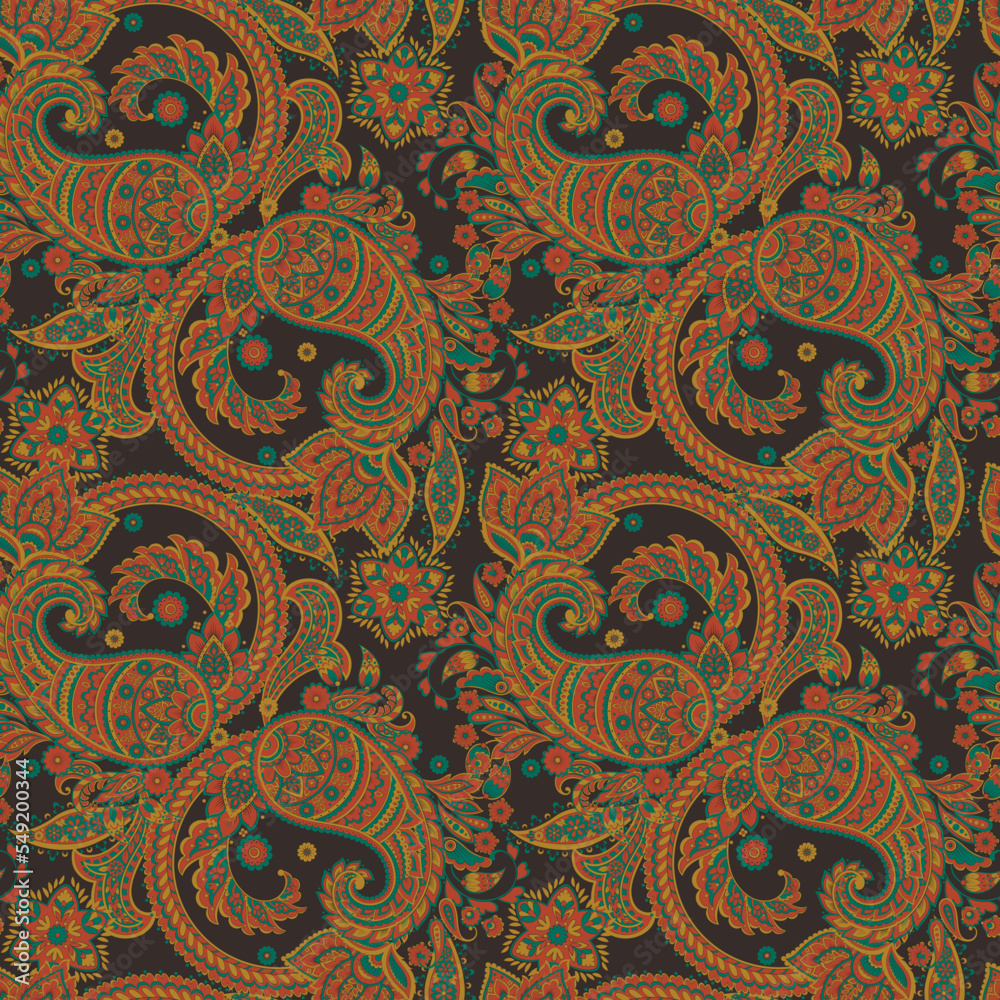 Fabric pattern with Paisley ornament. Seamless vector Asian background