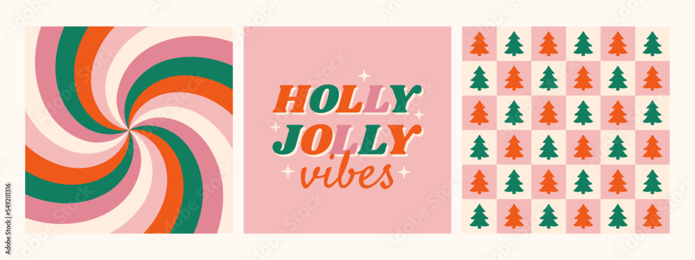 Christmas hippie retro 70s background collection. Holly Jolly Vibes phrase with twirl and checkered wallpapers. Vector illustration