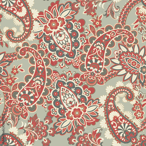 Floral fabric background with paisley ornament. Seamless vector pattern