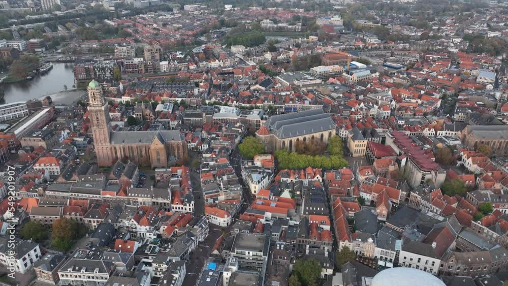 Zwolle old historic city center and city walls overhead skyline. Canal