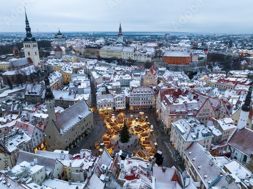 Christmas market at the Town Hall Square in Tallinn. Drone photo. Aerial view.