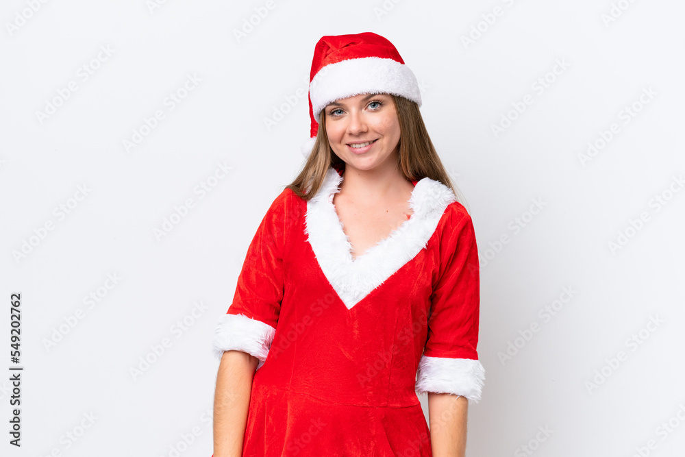 Young caucasian woman dressed as mama noel isolated on white background laughing Young caucasian woman dressed as mama noel isolated on white background laughing