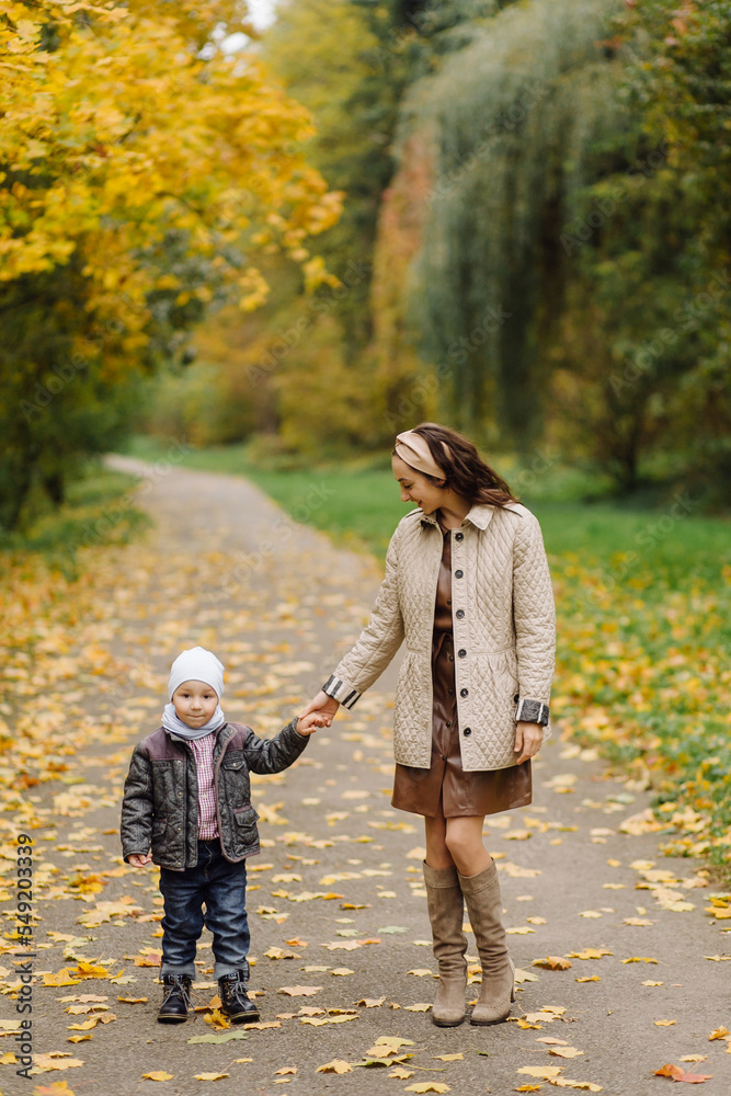 Fototapeta premium Mom and son walking and having fun together in the autumn park.