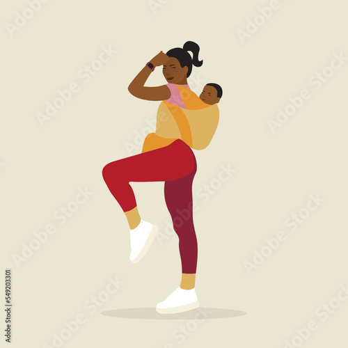 Woman babywearing and exercising vector illustration