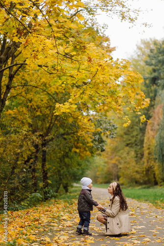 Fototapeta Naklejka Na Ścianę i Meble -  Mom and son walking and having fun together in the autumn park.
