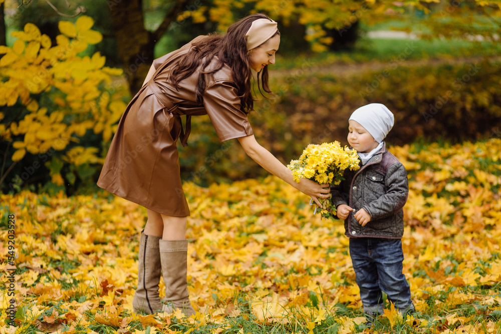 Mom and son walking and having fun together in the autumn park. Mom and son walking and having fun together in the autumn park.