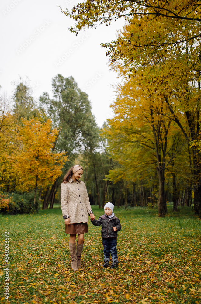 Mom and son walking and having fun together in the autumn park. Mom and son walking and having fun together in the autumn park.