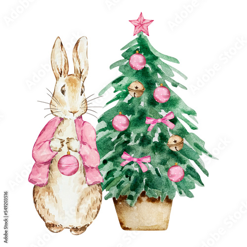 Watercolor Peter Rabbit with decorated Christmas tree photo