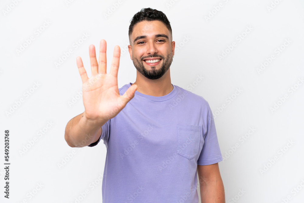 Young Arab handsome man isolated on white background counting five with fingers Young Arab handsome man isolated on white background counting five with fingers