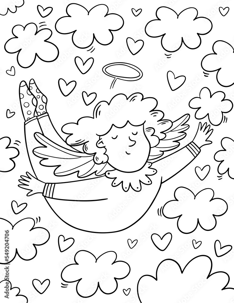 Outline illustration with angel with hearts. Valentines day coloring page.