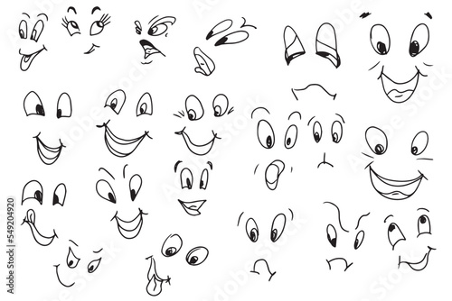 facial emotions smile eyes doodle sketch cartoon set big isolated elements on white background