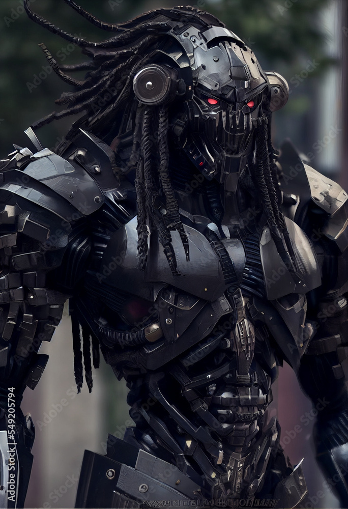 A Full Body Robotic Android with Dreadlocks and Cybernetic Metallic Helmet and Body Armor Suit A Full Body Robotic Android with Dreadlocks and Cybernetic Metallic Helmet and Body Armor Suit