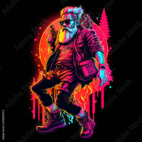 Santa Claus in synthwave style with bags on the background of a huge sun. Gift card. Design for a t-shirt. © Vasilii