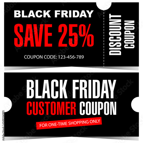 Black Friday discount coupon. Vector discount voucher  certificate  coupon  talon or flyer for shopping to save 25 percent of price. Ready to print illustration in black  white and red colours.