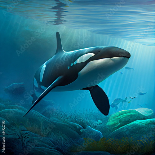 Beautiful Orca underwater, photorealistic illustration generated by Ai