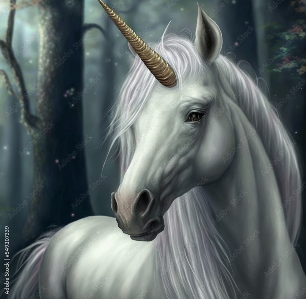 Beautiful white unicorn portrait. AI generated photorealistic illustration. Not based on