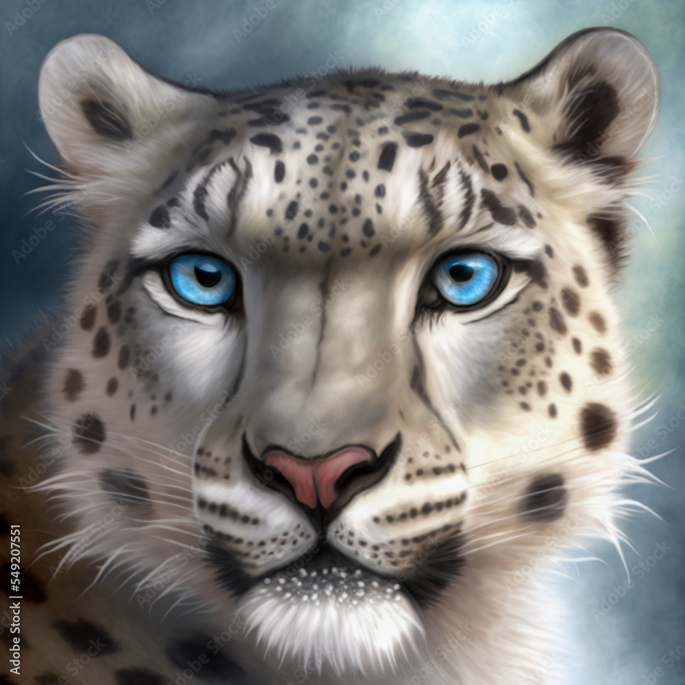 Beautiful snow leopard portrait. AI generated photorealistic illustration. Not based on original images, characters or people