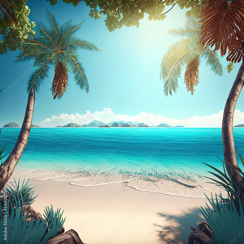 Tropical paradise beach with beautiful magical palm trees. Blue sky and azure sea water. Generative AI