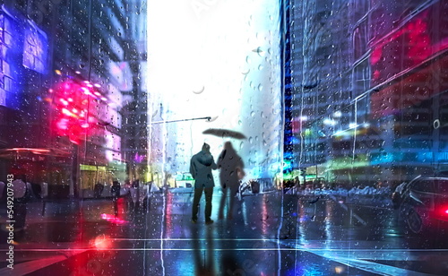  Rainy and snowy street people with umbrella walk on evening shop windows blurred light on wet asphalt modern buildings urban scene