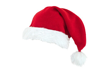 Real photo of a red Christmas Santa Claus hat with a white pompom, Santa hat isolated on transparent background, holiday greetings, png file