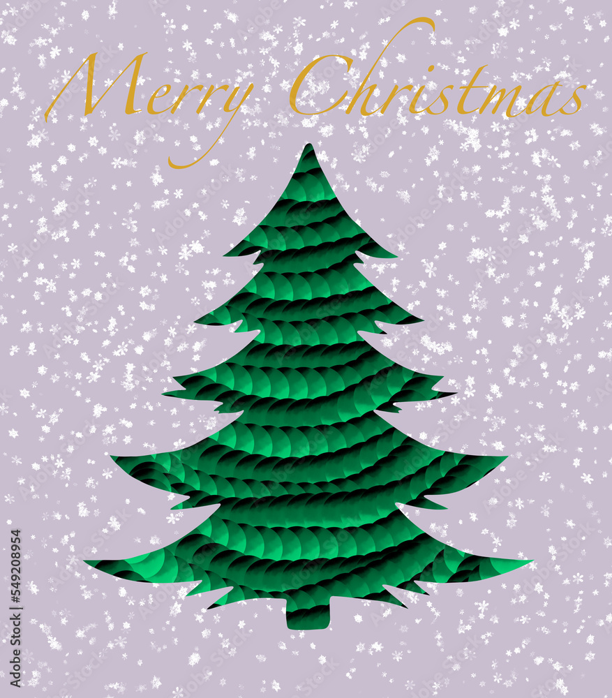 Merry Christmas greeting card. Christmas tree with snow. Illustration. 