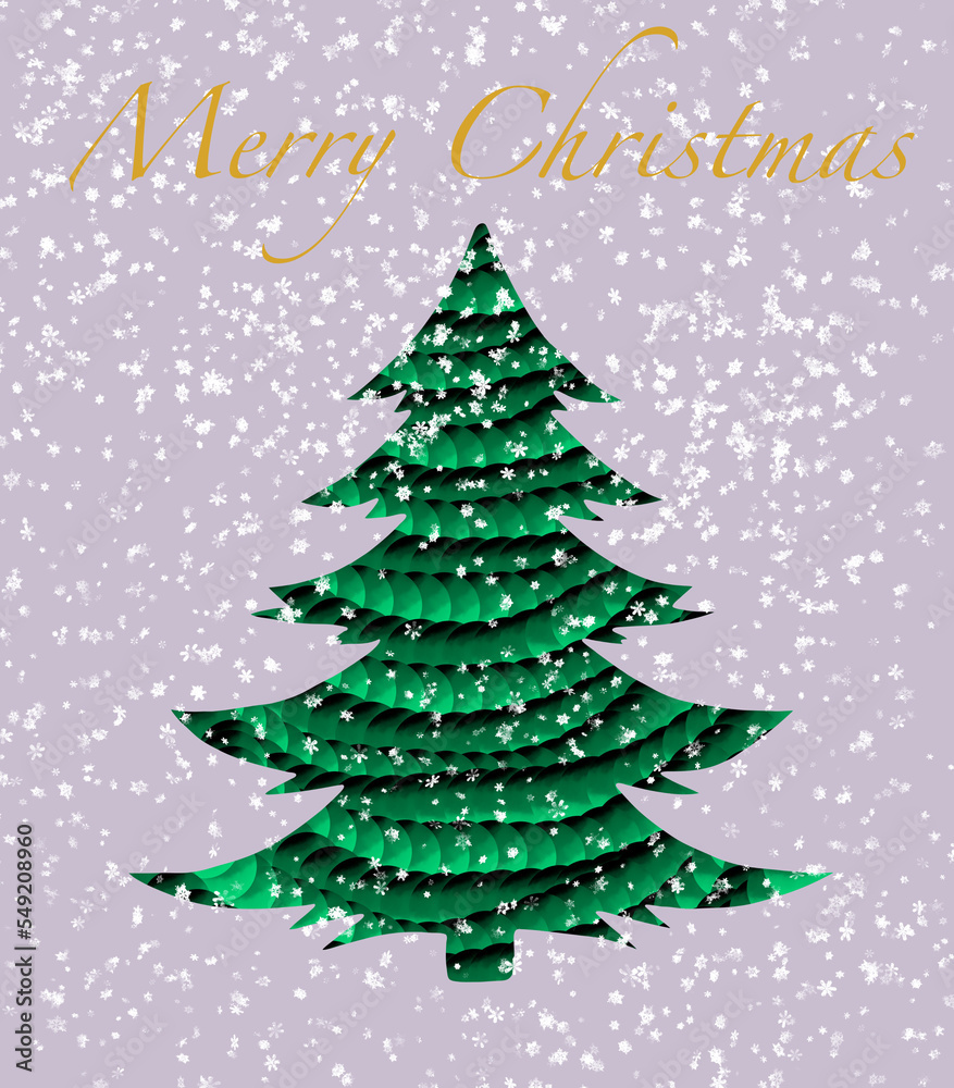 Merry Christmas greeting card. Christmas tree with snow. Illustration. 