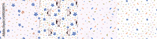 A set of children's patterns with cute forest animals, flowers, figures on white and delicate lilac backgrounds.