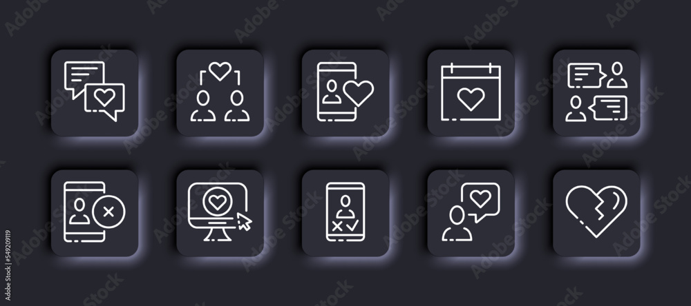 Dating app set icon. Heart, love, feelings, texting, couple, date, phone, message, website, cross, computer, approve, reject, tick, broken. Relationships concept. Neomorphism style. Vector line icon Dating app set icon. Heart, love, feelings, texting, couple, date, phone, message, website, cross, computer, approve, reject, tick, broken. Relationships concept. Neomorphism style. Vector line icon