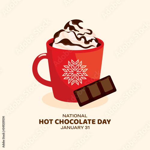 National Hot Chocolate Day vector. Red mug of hot chocolate with whipped cream vector. Cup of cocoa illustration. Winter beverage drawing. January 31. Important day